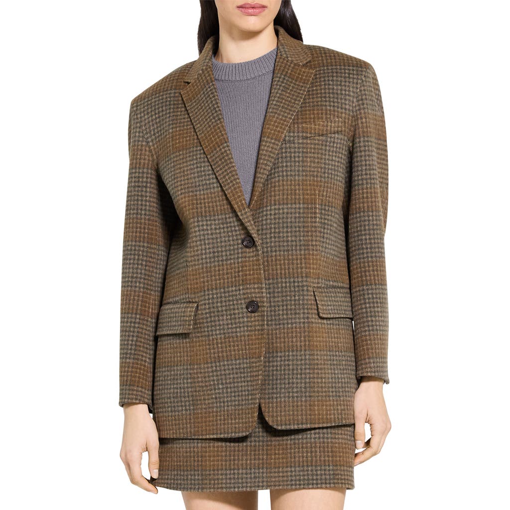 Theory Oversized Blazer In Plaid Wool-cashmere In Brown