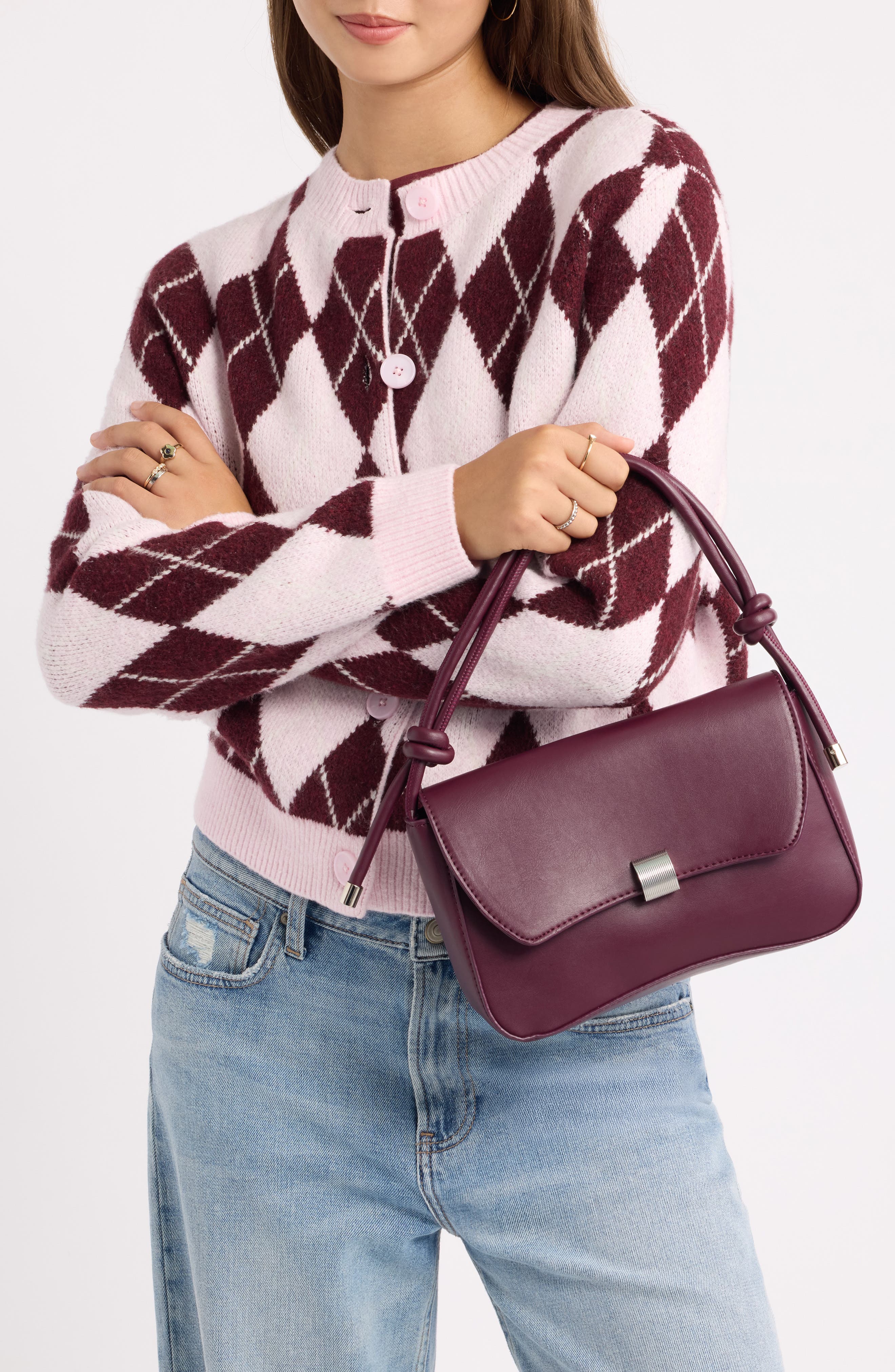 Faux Leather Foldover Mini Bag, Alternate, color, BURGUNDY