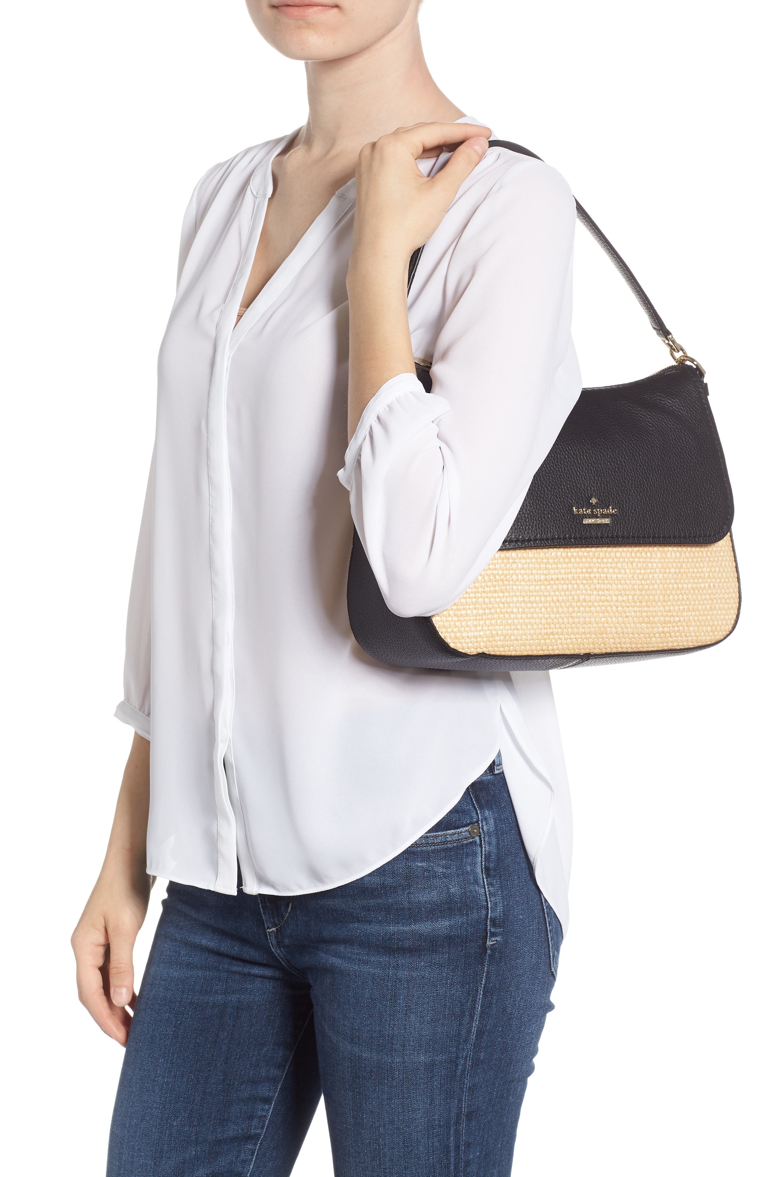 Kate Spade New York jackson street - colette straw & leather satchel, Alternate, color, 