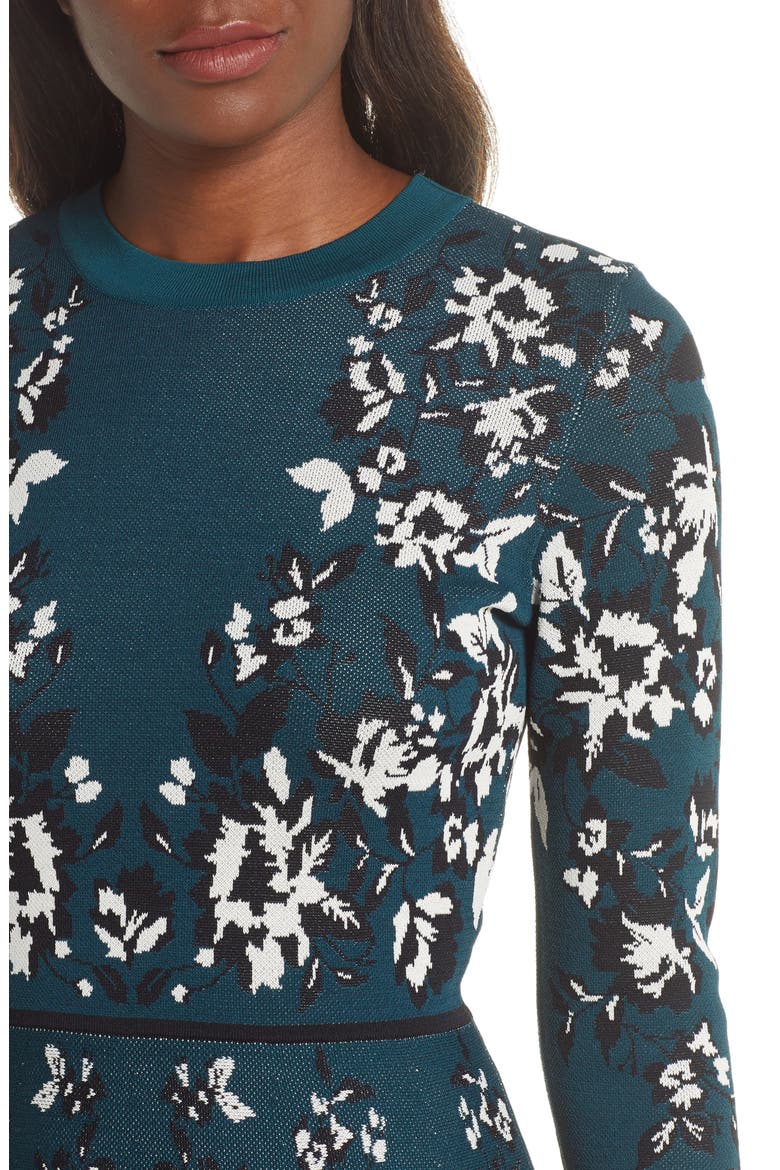 Floral Long Sleeve Fit & Flare Sweater Dress, Alternate, color, GREEN