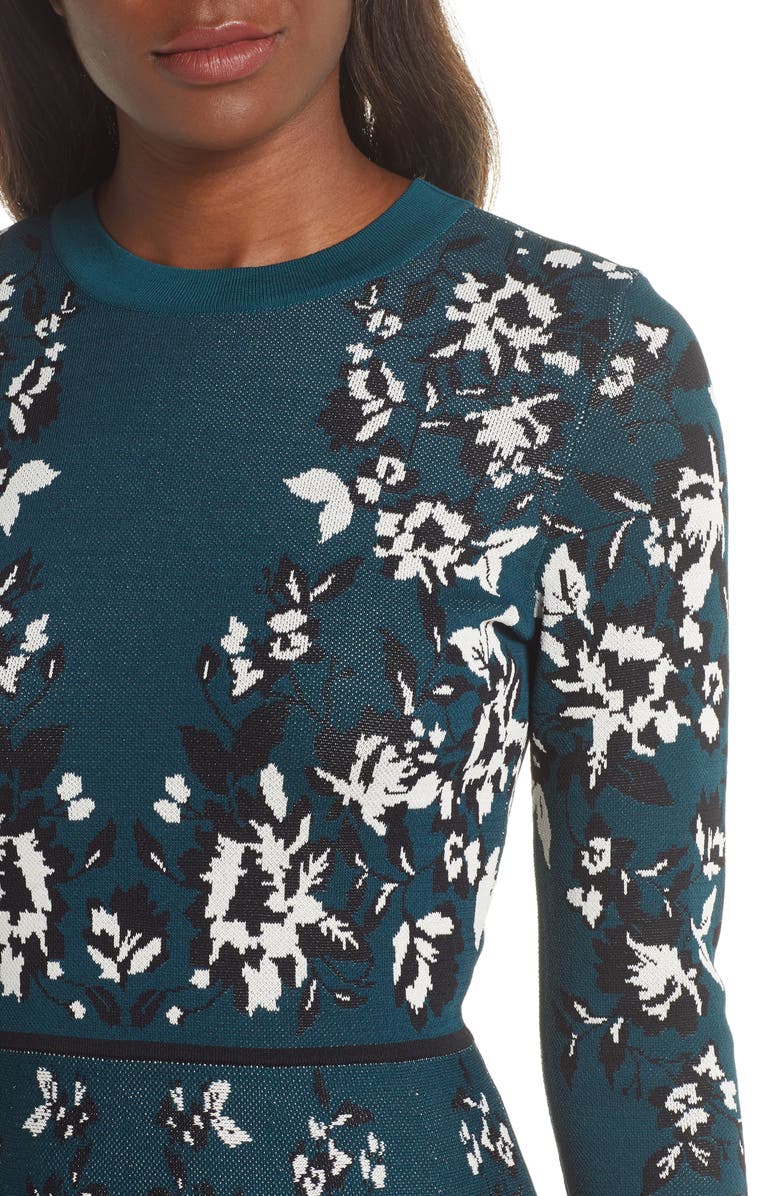 Eliza J Floral Long Sleeve Fit & Flare Sweater Dress, Alternate, color, 