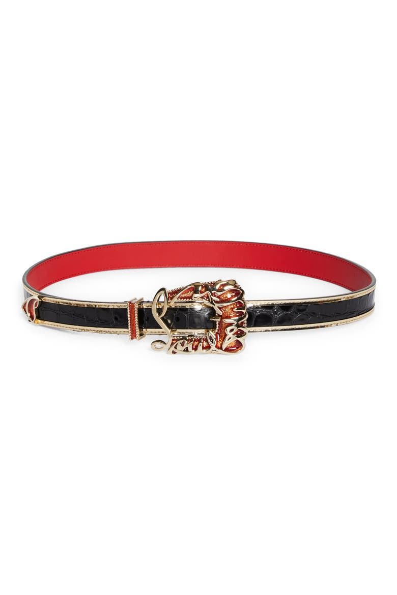 Giddy Croc Embossed Leather Skinny Belt, Main, color, BLACK/ GOLD/ ELVIS