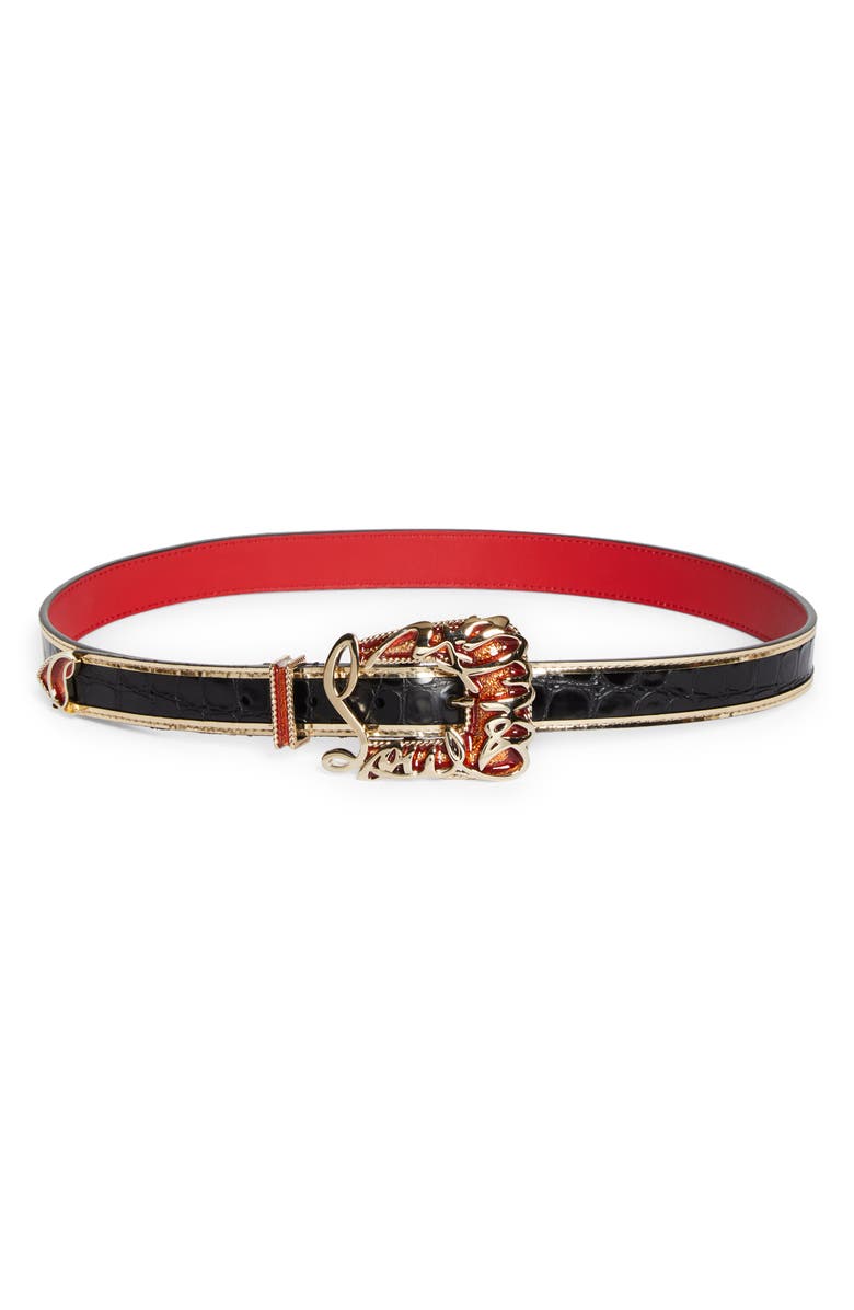 Christian Louboutin Giddy Croc Embossed Leather Skinny Belt, Main, color, Black/ Gold/ Elvis