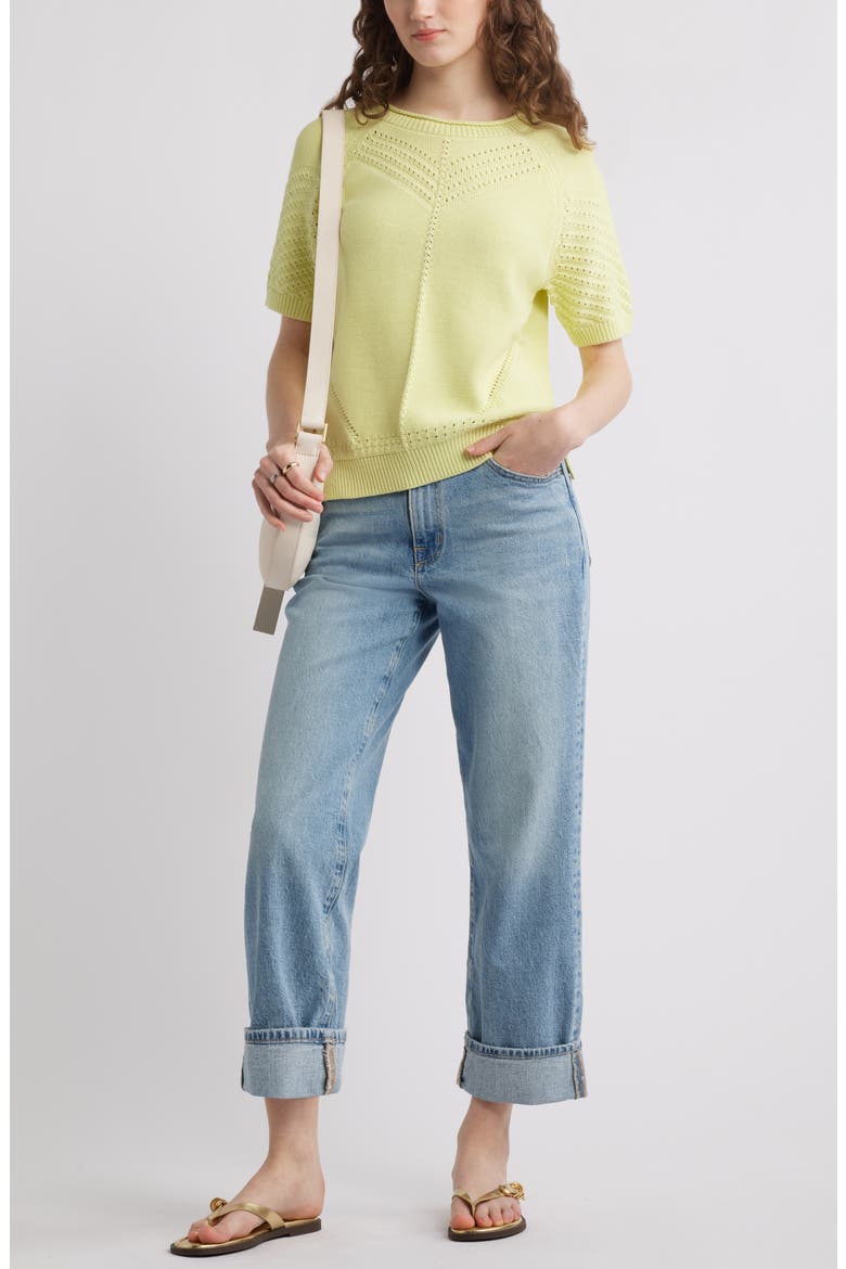 Pointelle Short Sleeve Cotton Sweater, Alternate, color, GREEN FINCH