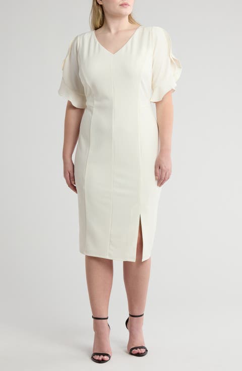 Flutter Tulip Sleeve Midi Sheath Dress (Plus)