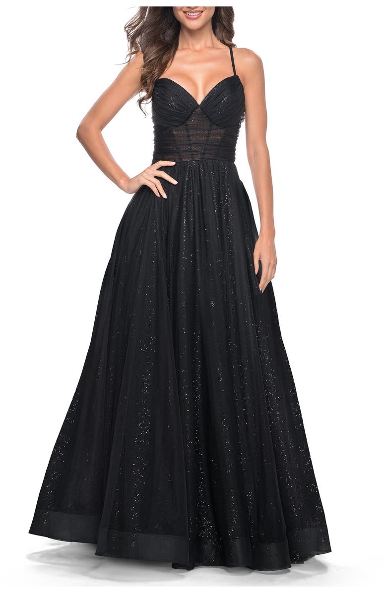 La Femme A-Line Prom Dress with Sequin Lining and Illusion Top, Main, color, Black