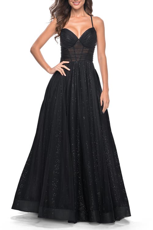 La Femme A-line Prom Dress With Sequin Lining And Illusion Top In Black