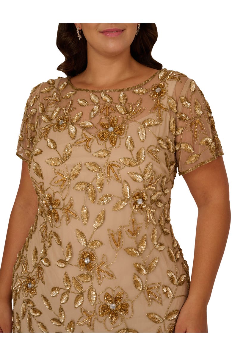 Adrianna Papell Beaded Floral Godet Gown, Alternate, color, Champagne Gold