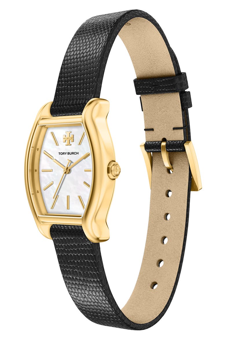 The Small Eleanor Small Curve Leather Strap Watch, 23mm x 31mm, Alternate, color, BLACK