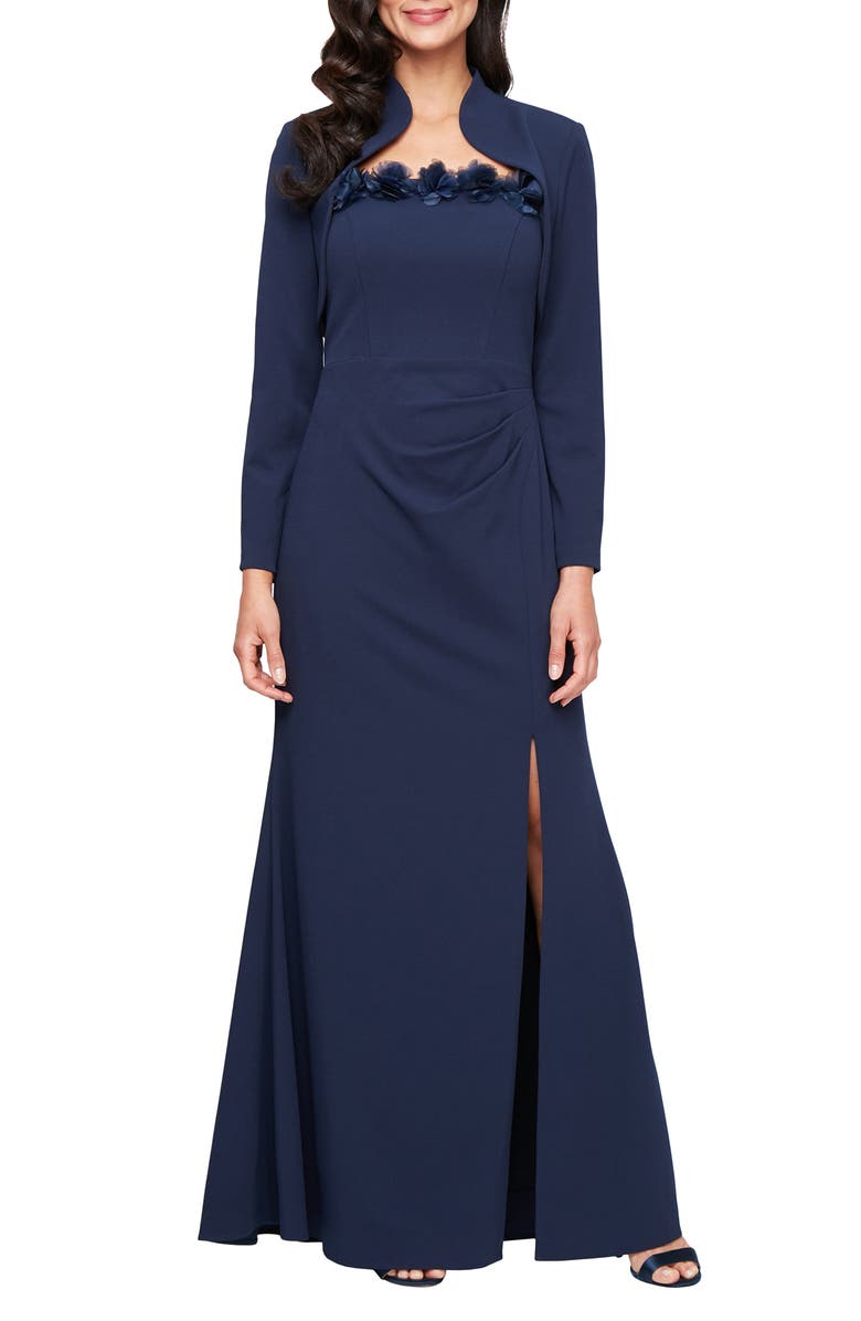Alex Evenings Stretch Crepe Gown with Bolero Jacket, Main, color, Navy