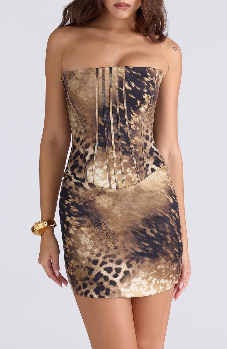 HOUSE OF CB Laila Leopard Print Strapless Cocktail Minidress, Alternate, color, Leopard