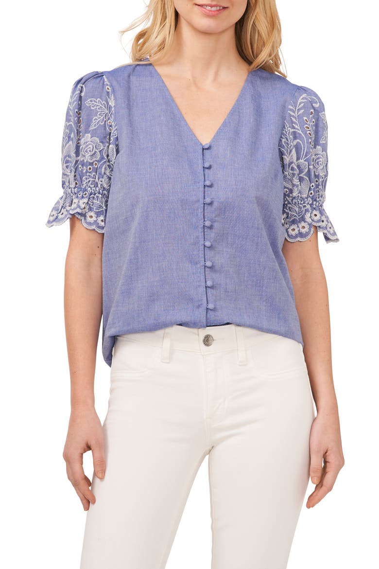 Eyelet Sleeve Top, Main, color, BLUE AIR