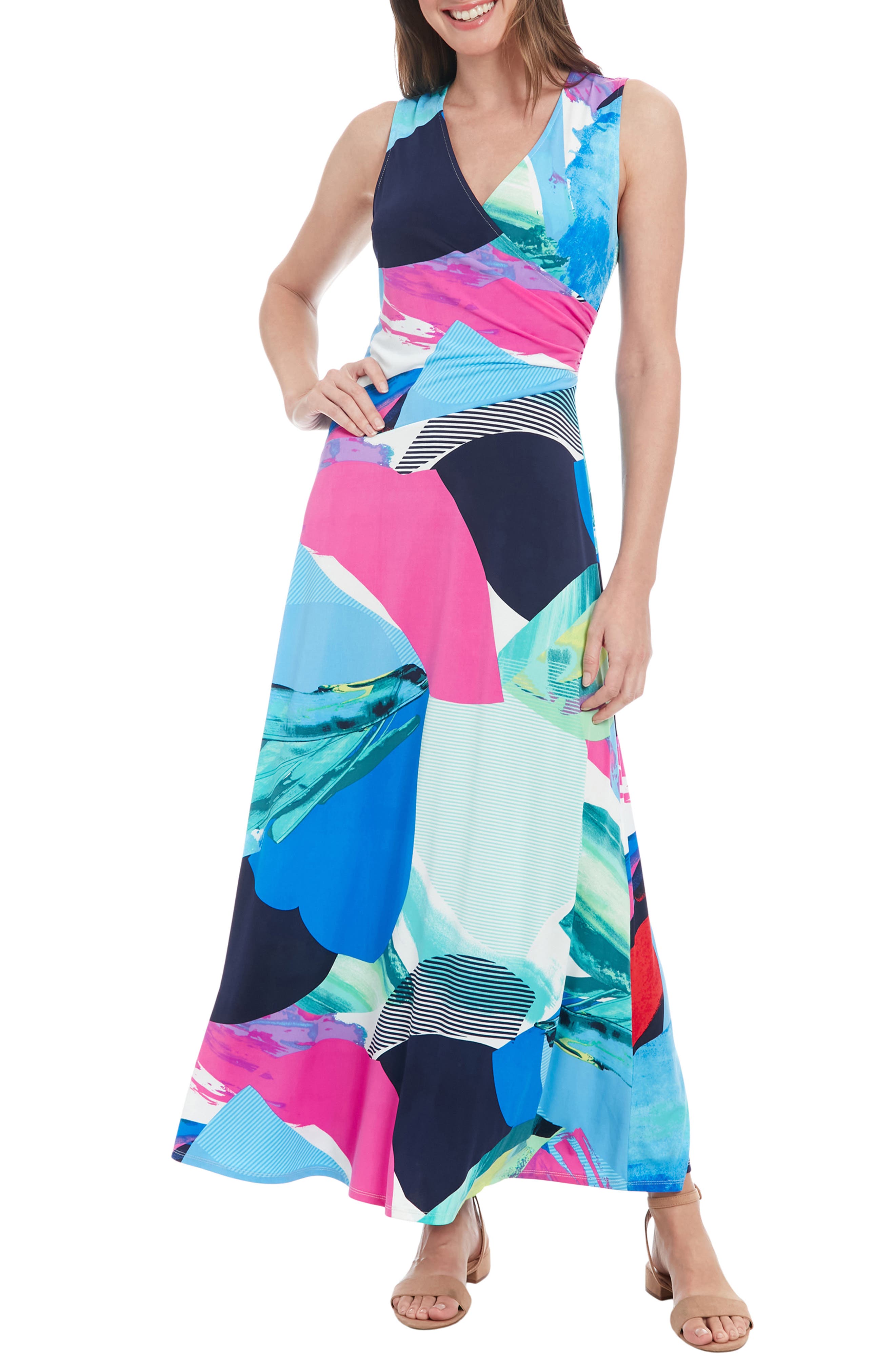 London Times Shirred Surplice Wrap Maxi Dress