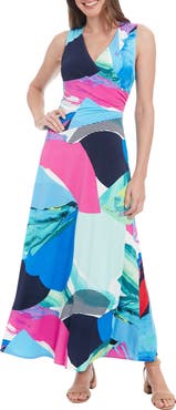 London Times Shirred Surplice Wrap Maxi Dress