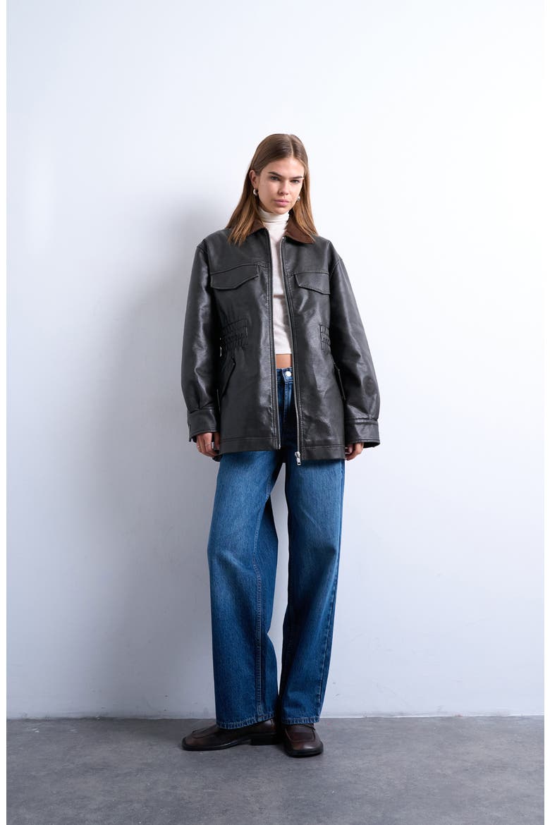 Cinch Waist Faux Leather Jacket, Alternate, color, BLACK