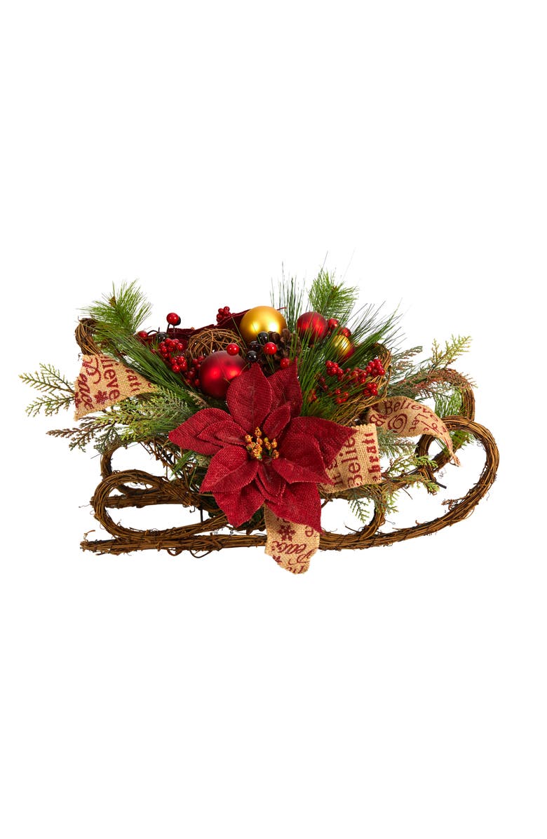 NEARLY NATURAL 18-in Christmas Sleigh with Poinsettia, Berries and Pinecone Artificial Arrangement with Ornaments, Main, color, Green/Red