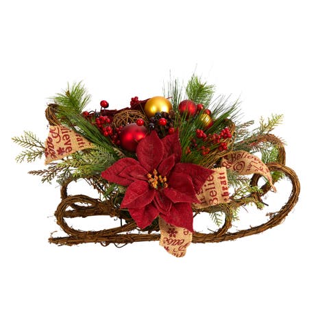 18-in Christmas Sleigh with Poinsettia, Berries and Pinecone Artificial Arrangement with Ornaments