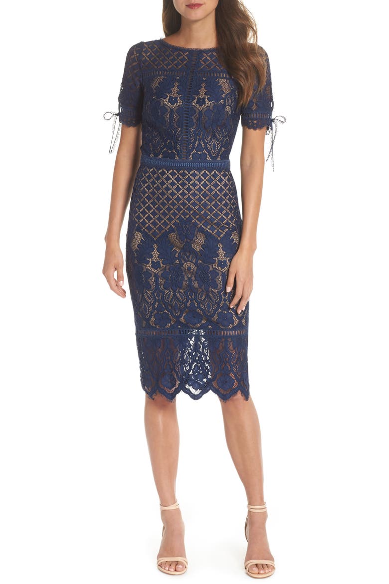 Tie Sleeve Lace Cocktail Dress, Main, color, MIDNIGHT/ NUDE