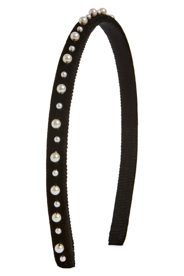 Lulu Crystal Faux Pearl Velvet Headband, Main, color, BLACK