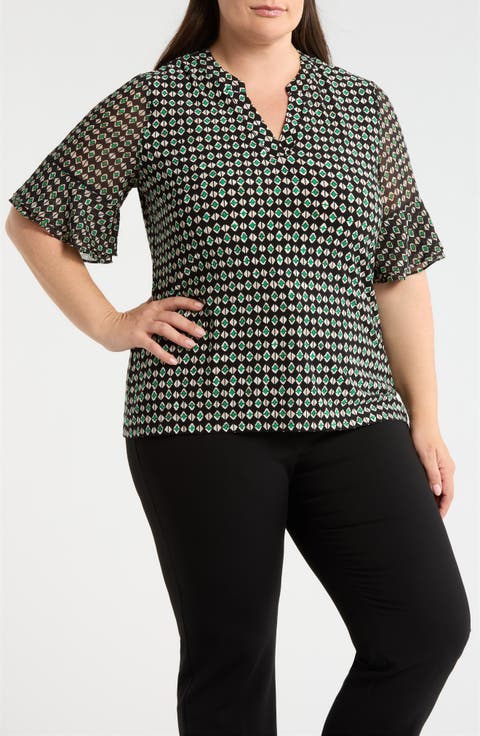 Geo Pattern Split Neck Knit Top (Plus)