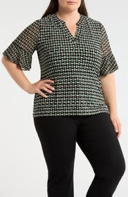 AK ANNE KLEIN Geo Pattern Split Neck Knit Top