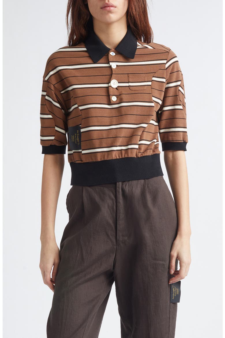 Stripe Crop Cotton Piqué Polo, Main, color, BROWN BORDER