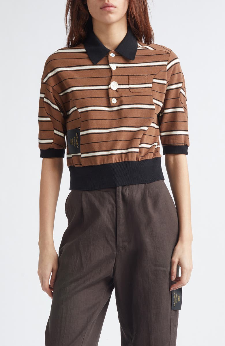 Undercover Stripe Crop Cotton Piqué Polo, Main, color, Brown Border