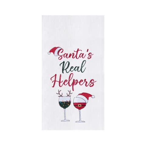 Christmas Theme "Santa
s Real Helpers" Red 
White Wine Glasses Cotton Flour Sack Kitchen Dish Towel Decor Decoration  27L x 18W in.