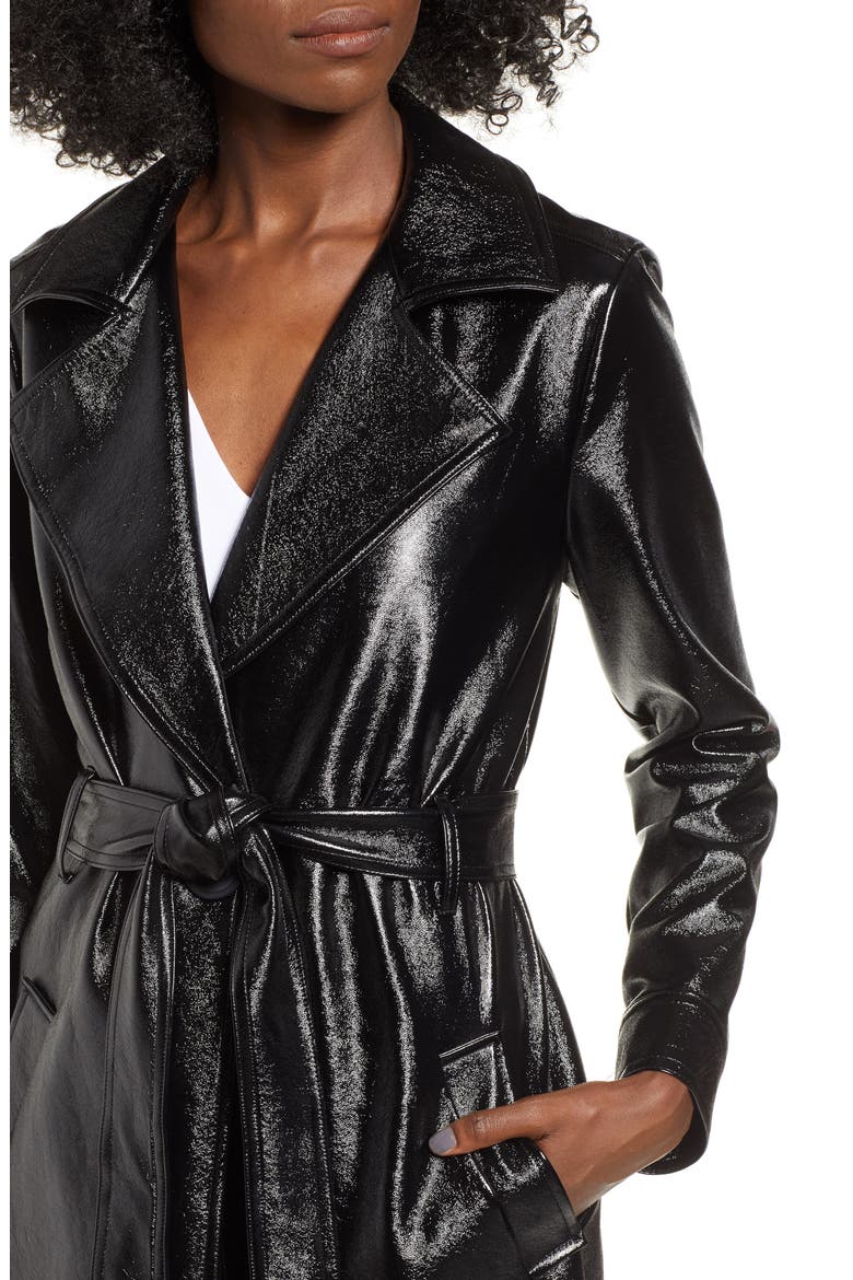 Faux Patent Leather Trench Coat, Alternate, color, BLACK