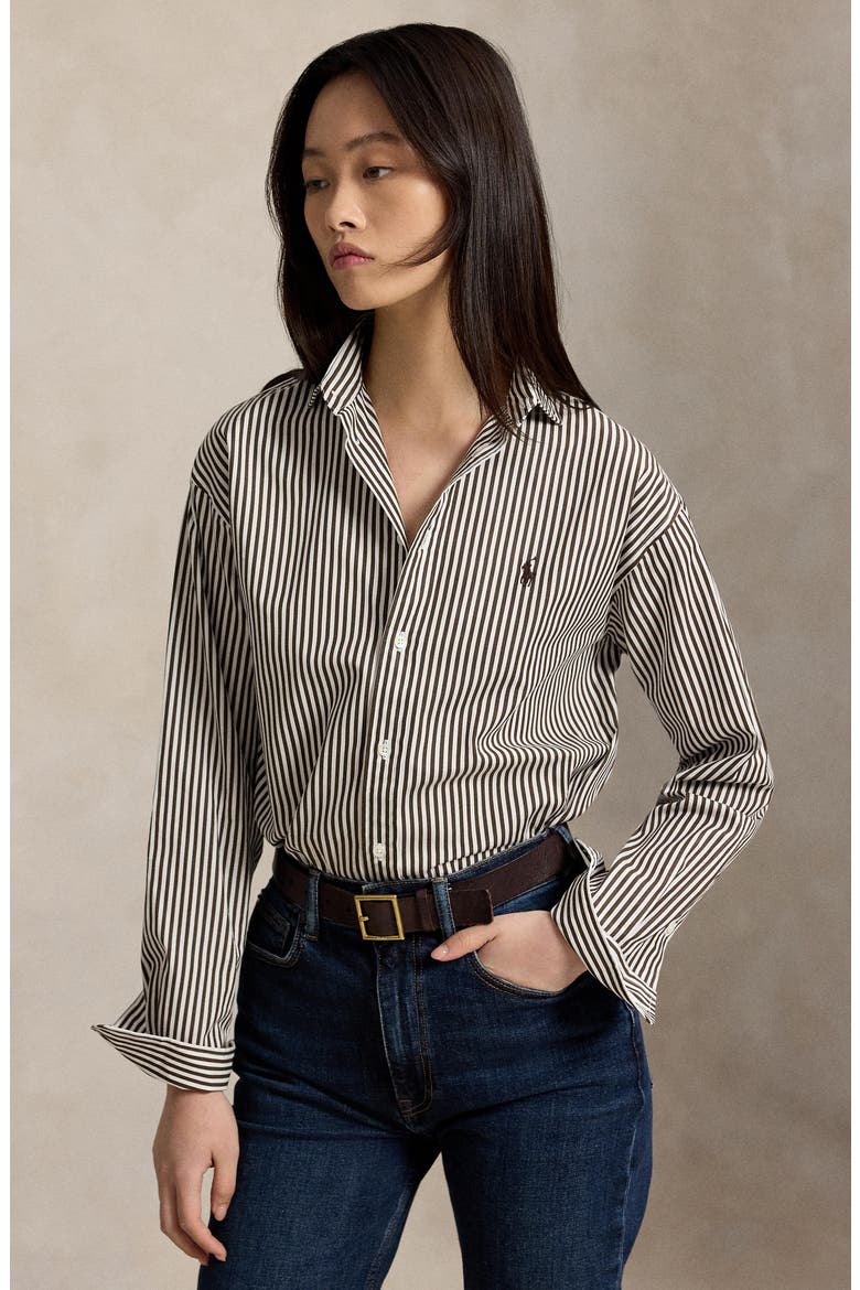 Stripe Relaxed Fit Cotton Button-Up Shirt, Alternate, color, BROWN/ WHITE