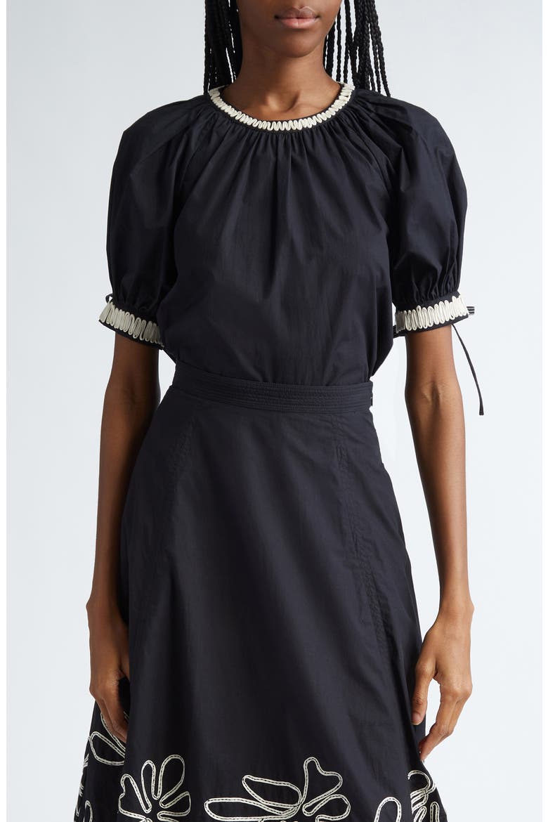 Amara Appliqué Detail Puff Sleeve Cotton Top, Main, color, RAVEN