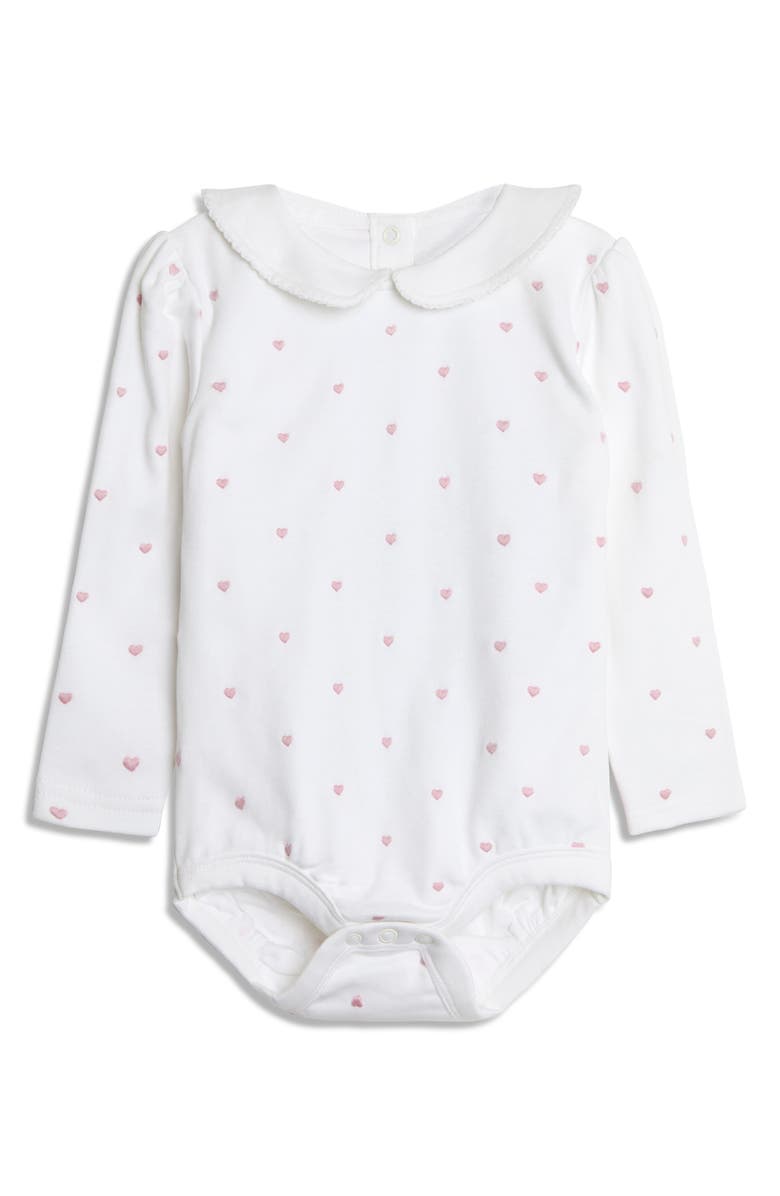 JOJO MAMAN BEBE Heart Embroidered Peter Pan Collar Bodysuit, Main, color, 