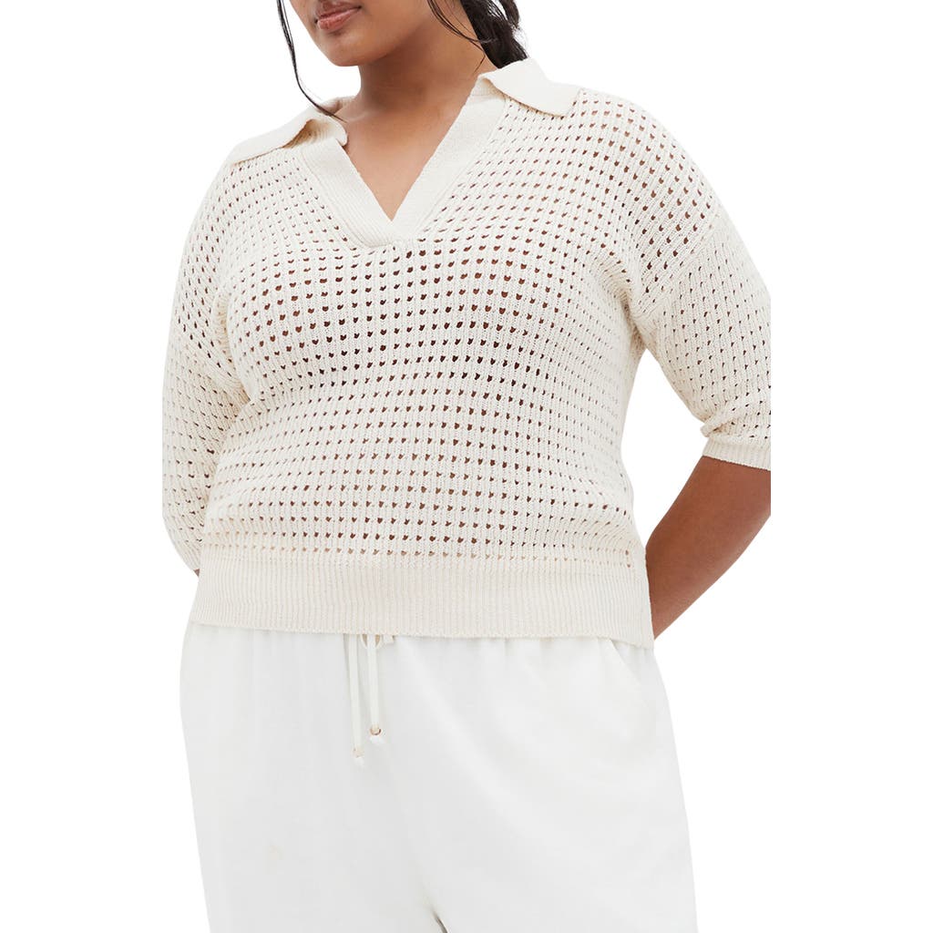 City Chic Zahra Open Stitch Johnny Collar Sweater In Ivory