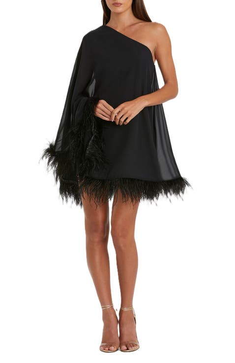 Women's One Shoulder Trapeze Dress with Feather Trim