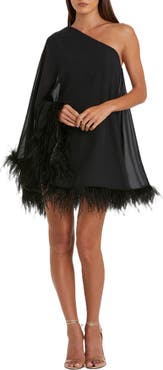 Mac Duggal Women's One Shoulder Trapeze Dress with Feather Trim