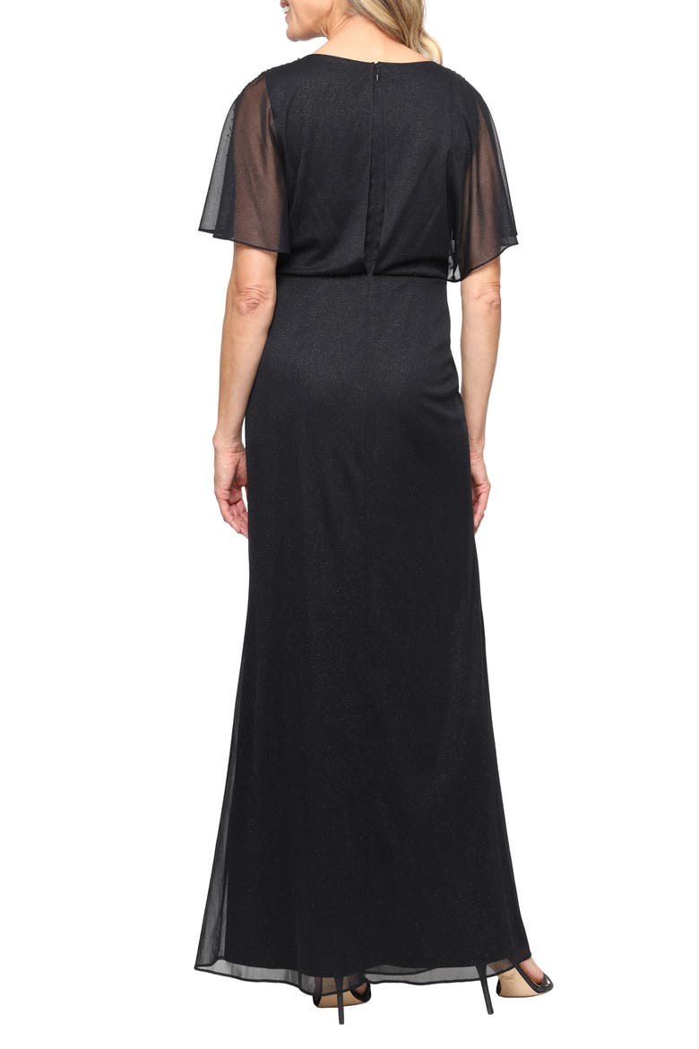 Draped Glitter Mesh Gown, Alternate, color, BLACK