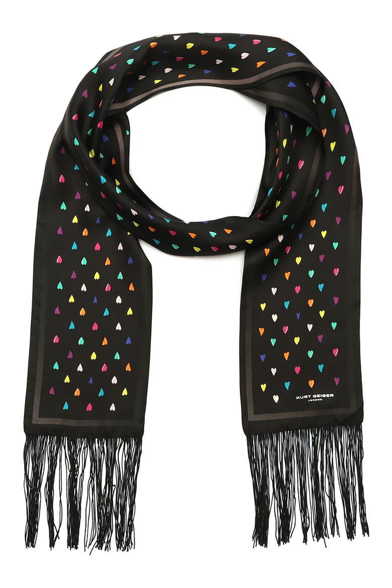 Rainbow Heart Print Party Fringe Silk Scarf, Main, color, CLASSIC RAINBOW