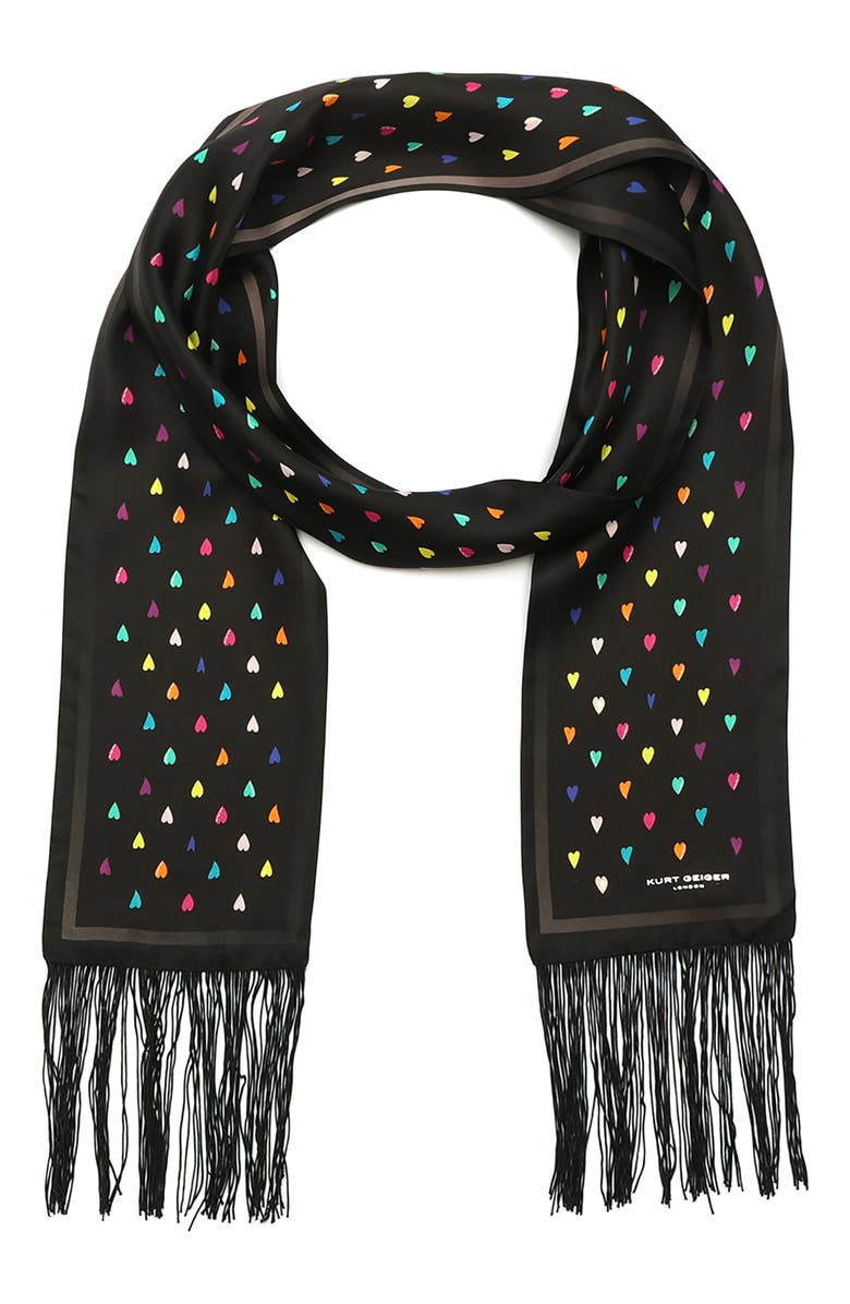 Kurt Geiger London Rainbow Heart Print Party Fringe Silk Scarf, Main, color, Classic Rainbow