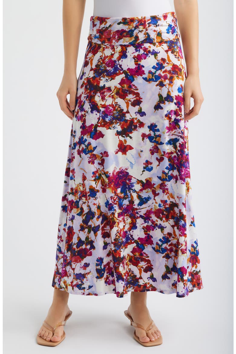 Roll Top Floral Print Maxi Skirt, Main, color, FUCHSIA/ VIOLET