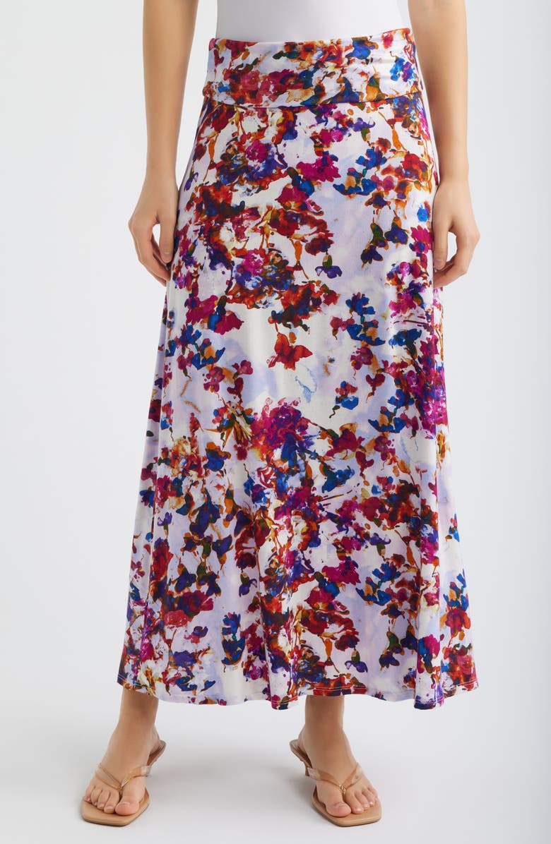 Loveappella Roll Top Floral Print Maxi Skirt, Main, color, Fuchsia/ Violet