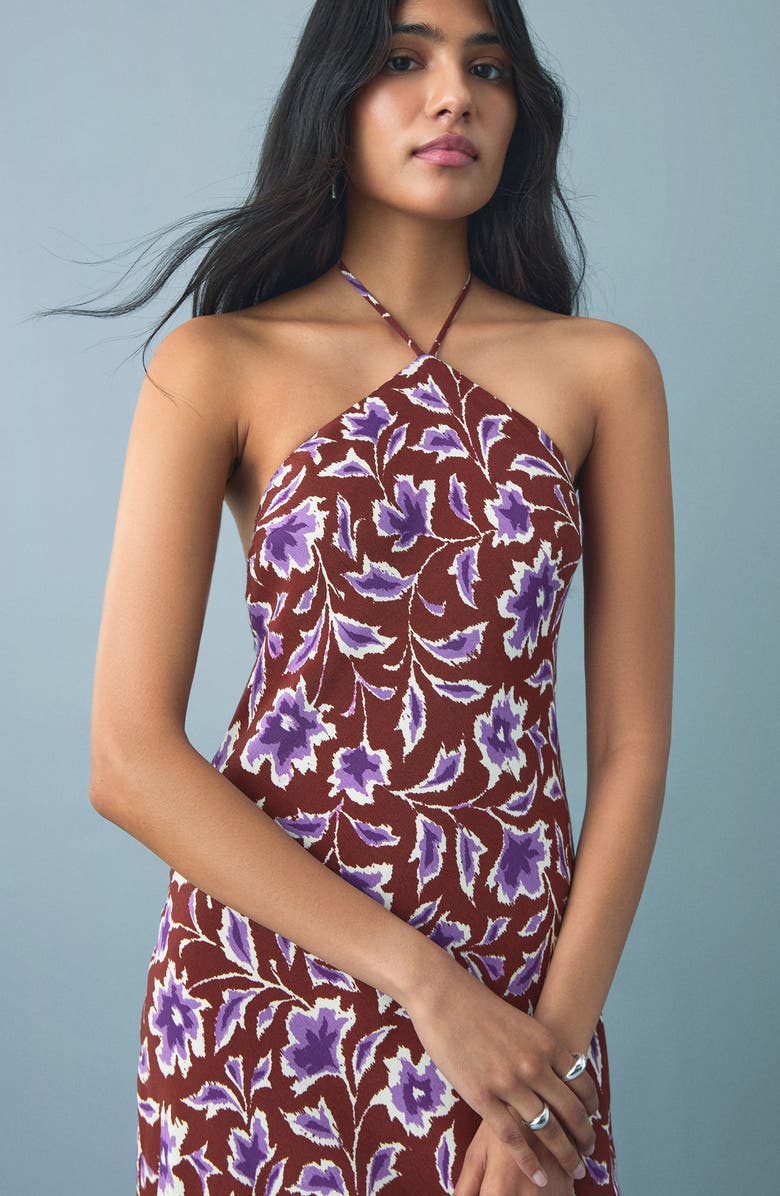 MANGO TEEN Floral Print Halter Neck Maxi Dress, Alternate, color, Brown