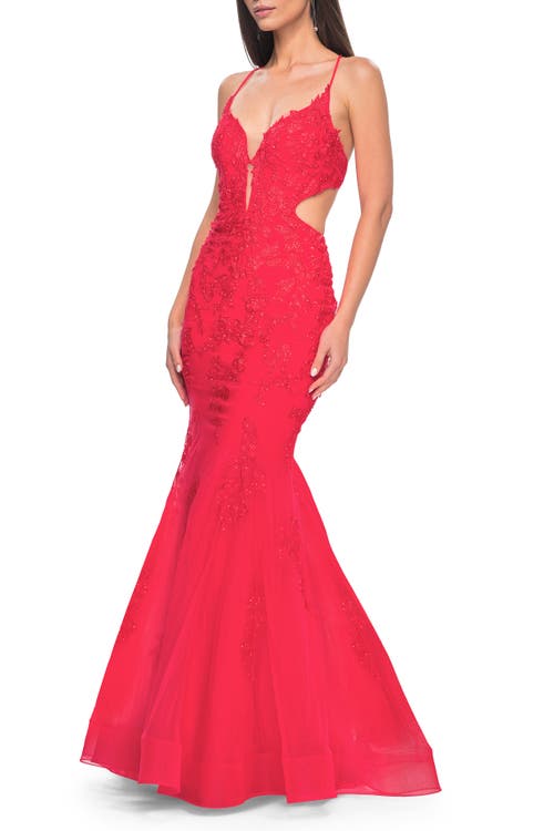 La Femme Lace And Tulle Mermaid Gown With Side Cut Outs