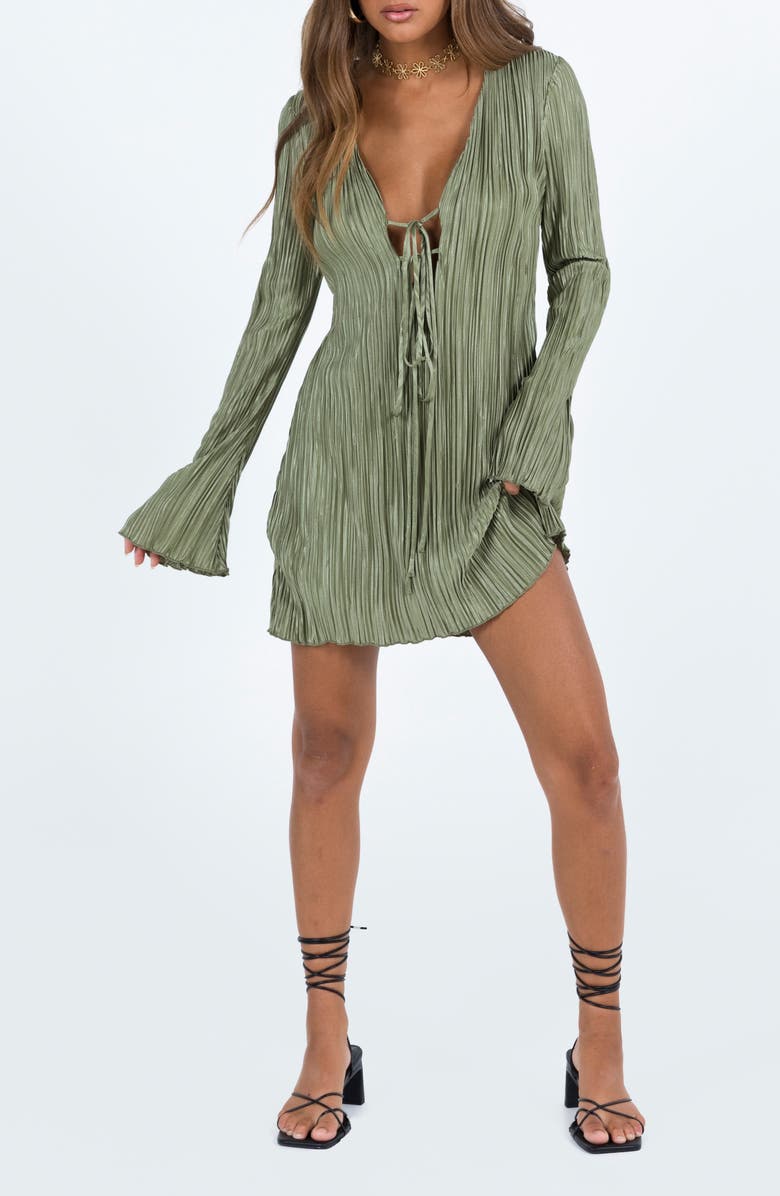 Princess Polly Malop Plissé Long Sleeve Minidress, Main, color, Green