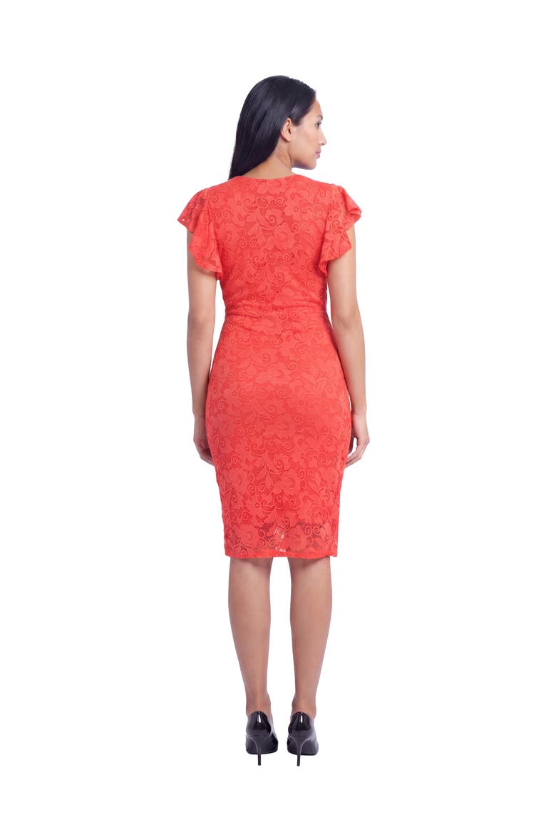 Maternity Elevate Lace V-Neck Flutter Sleeve Faux Wrap Midi Dress, Alternate, color, Coral
