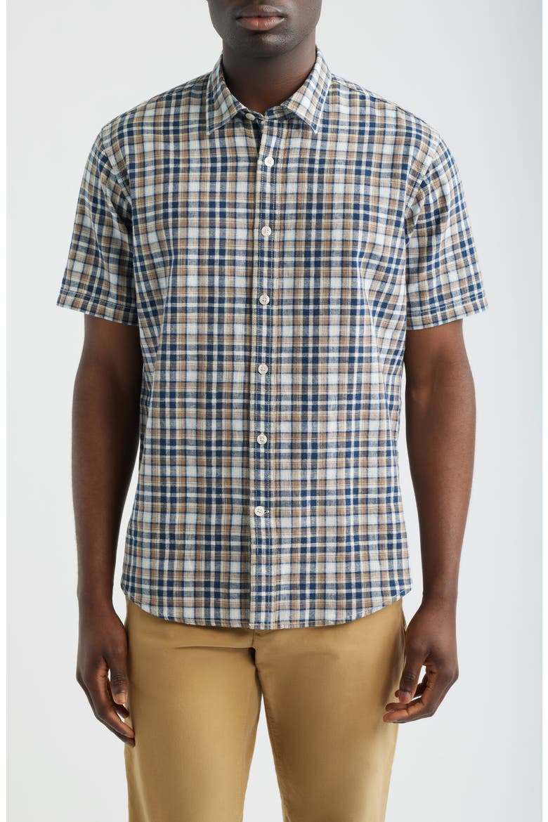 Funchal Regular Fit Plaid Short Sleeve Cotton & Linen Sport Shirt, Main, color, BLUE