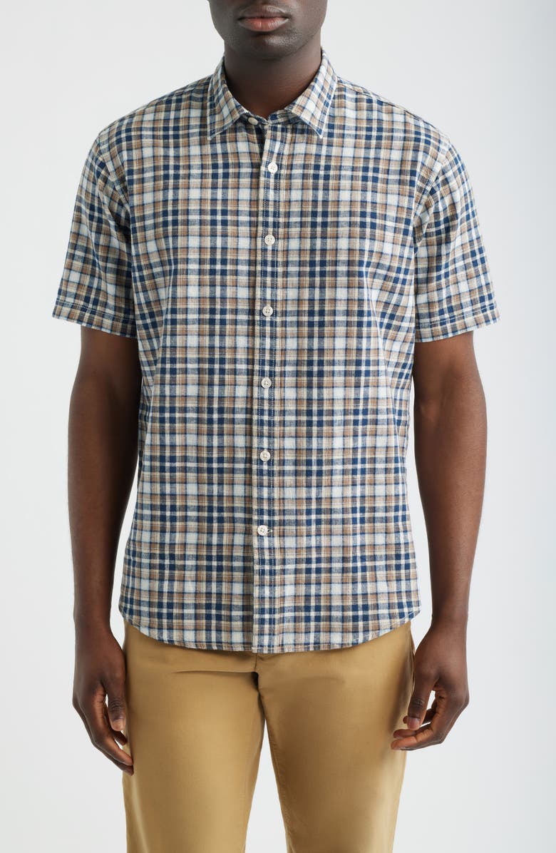 James Campbell Funchal Regular Fit Plaid Short Sleeve Cotton & Linen Sport Shirt, Main, color, Blue