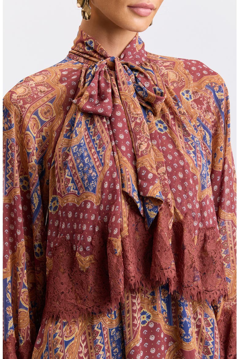 Long Sleeve Scarf Print Georgette Minidress, Alternate, color, COGNAC MEDALLION SCA