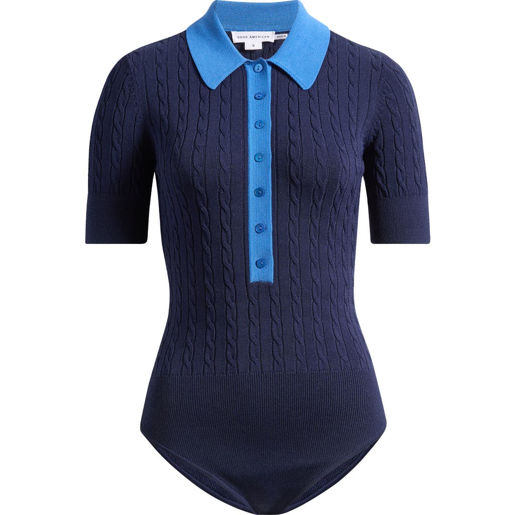Good American Womens Midnight002 Cable-knit Polo-collar Knitted Bodysuit Xs In Blue