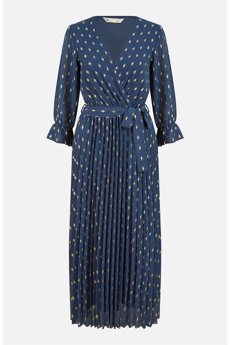 Foil Printed Pleated Wrap Midi Dress, Alternate, color, Navy