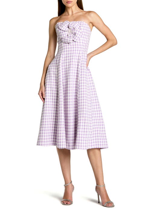 Women’s Strapless Bouclé Midi Dress with Embellished Floral Detail